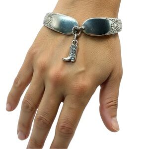 Vintage Artisan Silver Plated Spoon Bracelet With Western Boot Charm